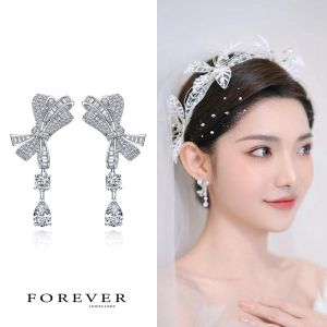 Korean Japanese Style Butterfly Knot Waterdrop Pendant Earrings Wedding Dress Bride Side Ear Jewelry Flashing Alloy Zirconia