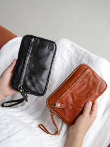 Retro Genuine Leather Wallet Handbag Tannery Top Layer Cowhide Large Capacity Mobile Phone Bag Fashion Portable Storage Bag