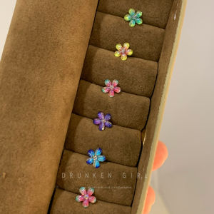 Colorful Tiny Flower Titanium Steel Ear Studs Womens Elegant Beautiful Earrings Double Hole Ear Jewelry Fashion Accessories