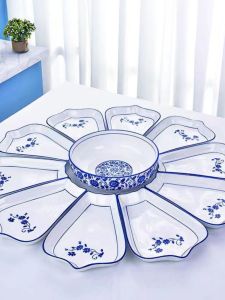 Handmade Blue And White Porcelain Dish Set Creative round Home Cooking Plate Underglaze Color Ceramic Plate for Adults