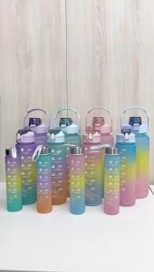 Home2U🏡 3 in 1 set Gradient Water Bottle with Straw High Capacity Food Grade Plastic Bottle Water Bottle Gradient Colour Portable Scale Bottle Outdoor Travel