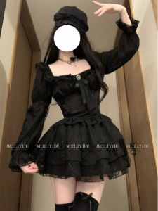 Black French Collar Butterfly Knot Dress Sweet Waist Cinching Princess Skirt Large Size Womens Fashion Commute Style A-Line Dress