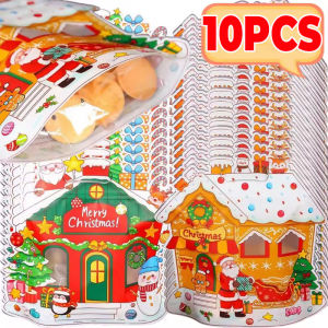 10PCS Christmas Snow House Shape Candy Cookie Bags Santa Claus Snowman Gifts Packaging Bag for New Year Party Decor