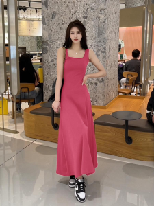 Pink Cotton Blend Casual Sporty Base Layer Vest Strap Long Dress Womens Commute Style Summer New Arrival Slimming Effect