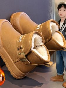 Boys Winter Snow Boots Fur Lined Thickened Warm Cotton Shoes Bread Shoe Style Casual Short Tube Height PU Wear Resistant