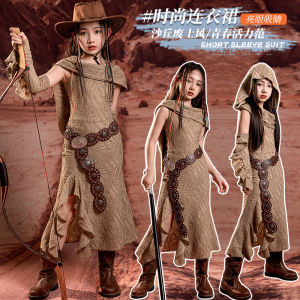 Girls Long Skirt with Hood Travel Theme Desert Wasteland Style Childrens Performance Dress Split Skirt Korean Style Kids Clothes
