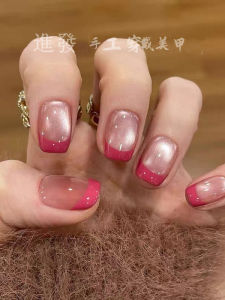 ปลายเล็บเพ้นท์ลายมือแบบฝรั่งเศสลายตาแมว ฤดูร้อน สีชมพูสดใส รุ่น Pure Desire Berry Ice แบบสั้น สไตล์ Stairs Pink Series ปี ดีไซน์