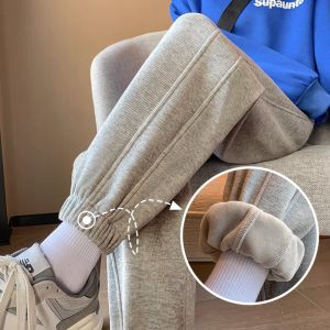 Gray Fleece Lined Thickened Casual Pants Womens Spring Autumn Winter Loose Pure Color Cuffed Fashionable Small Size Leisure Trousers