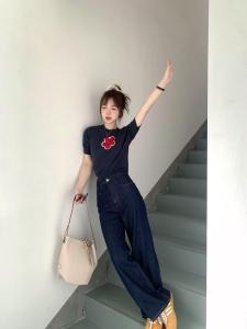 Quần Jeans Denim Ống Rộng Màu Xanh Đậm Cổ Điển Cho Nữ Quần Dài Cạp Cao Ôm Dáng Thu Đông Quần Dài Thường Ngày