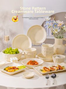 mornenjoy | Cute Creamy Style Glazed Under Colored Ceramic Tableware Set