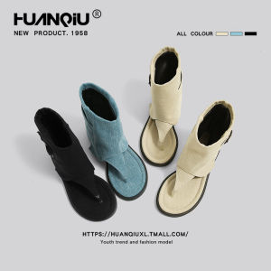 Breathable French Style Womens Summer Casual Flat Short Boots Tube Socks Sandals Open Toe Versatile Loose Fit Denim Material
