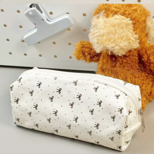 1PC Cute Canvas Pencil Case Bow Pattern Desk Decoration Zipper Portable Storage Bag Back-to-School Stationery Supplies