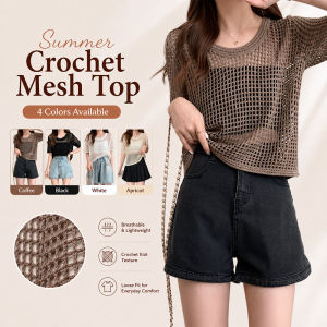 Summer Hollow Top for Women Knitted Crochet Top Women Short Sleeve Swimsuit Coverup Beach Wear Outfit For Women Unique Mesh Blouse Blouse Top Oversize Loose Round Neck Ice Silk Breathable Sunscreen Korean Style T-Shirt
