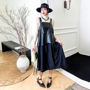 Black Leather Long Dress Irregular Sheepskin Korean Style Womens Autumn New Arrival Strapless Gown Elegant High Waist Skirt