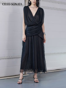 Cello Sonata | Spring Series Silk Crinkle Design Elegant Dress Black