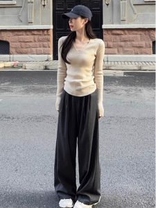 สไตล์ Pure Desire ผู้หญิง แขนยาว คอวี เสื้อฐานถัก สลิมฟิต ฤดูใบไม้ร่วง ฤดูหนาว ขนสัตว์ เสื้อสเวตเตอร์ เสื้อตัวใน ทันสมัย เสื้อท่อนบน