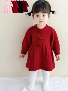 Autumn Winter Girls Dress Sweater Dress Red New Year Visit Clothing Long Sleeve Knitted Base Layer Princess Dress Kids Clothes