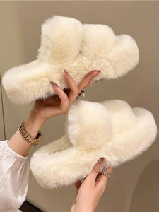 Black Furry Slippers Womens Outdoor High Heel Thick Bottom Winter Cotton Slippers Korean Style Pure Color Daily Wear