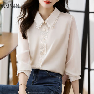 Ammin phong cách Hàn Quốc mới của phụ nữ dài tay cạnh áo chiffon chắp vá 2024 thời trang khí chất Mỏng giản dị đi lại tay áo bong bóng ren áo voan