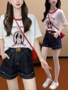 Shalldoer | Summer Casual Contrast Color Round Neck Short Sleeve Slimming High Waist Jeans Shorts Set Womens Fashion Two-Piece Ensemble