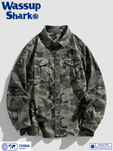 Wassup Shark American Retro Camouflage Work Shirt Mens Spring Autumn Long Sleeve Collared Jacket Outerwear Youth Trendy Loose Fit