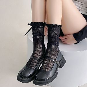 Japanese Retro Women Stockings Ruffle Long Socks Lolita Style White Lace Knee High Sock Sweet Girls Cute Bow Thigh High Stocking