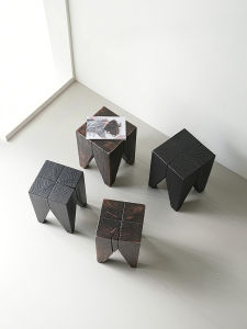 Rustic Charcoal Burnt Solid Wood Stool Low Bench Living Room Home Use Side Table Vintage Furniture Wabi Sabi Style