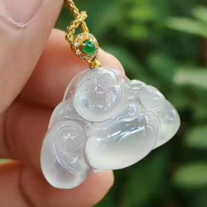 Burma Premium Quality Icy Translucent Natural Type A Jadeite Jade crafted as Milo Buddha added 18k Gold Clasp as Pendant certificate weighs 4.9 grams measurement 18 * 25.1 * 7 mm (18kp69)