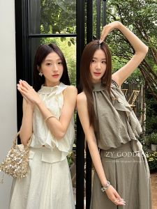 Bộ Váy Vest Cổ Treo Cạp Cao Phong Cách Hàn Quốc Mùa Hè 2025 Bộ Váy Dài Thanh Lịch Kiểu Pháp Cho Nữ