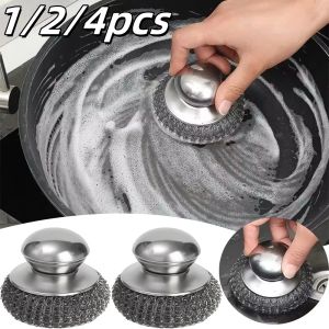1-4pc Stainless Steel Pot Brush with Handle Heavy Duty Dishwashing Wire Ball Dishes Pots Grills Sink Cleaning Steel Ball Tool