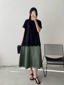 Elegant French Splice Dress Womens Summer New Design Large Size Short Sleeve Long Skirt Casual Style Loose Waist T-Shirt Dress
