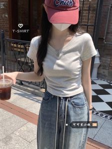 Womens V-Neck Short Sleeve T-Shirt Pure Cotton Slim Fit Pleated Summer New Style Korean Version Regular Thickness Spring Season