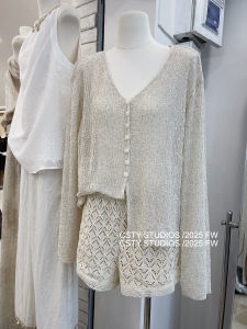 Linen V-neck Single Button Knitted Open Cardigan Womens Summer New Design Loose Slimming Long Sleeve Top Trendy