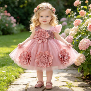 Toddler Flower Bow Party Baby Girls Dress Sequins Wedding Bridesmaids Dress for Girl Elegant 1st Birthday Evening Prom Costumes