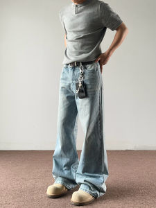 American Style Washed Light Blue Mens Slim Straight Leg Jeans MKCLOT Cleanfit Trousers Youth Fashion Long Pants Four Seasons