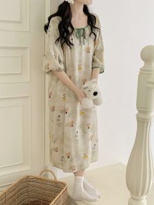 2024 New Cotton Silk Womens Summer Short Sleeve Loose Dress Sleepwear Comfortable Maternity Nightgown Sweet Home Clothes