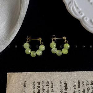 Fresh Green Beaded Earrings Transparent White Highlighting Retro Chinese Style Mixed Material Jewelry for Women Fashionable Ear Decor