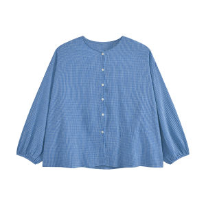 เสื้อเชิ้ตแขนยาวป้องกันแสงแดดลายสก็อตสีน้ำเงินหลวมๆ สำหรับผู้หญิง ฤดูร้อนปี 2025 เสื้อเชิ้ตคอโปโลทรงปกติ