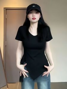 plus Size Slim Fit T-Shirt Summer Micro Fat Short Sleeve round Neck Slit Regular Shoulder Womens Fashion Korean Style Top