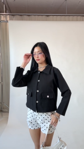 เชิ้ตคอปกแขนยาว สีดำ กระเป๋า2ข้าง งานป้ายCookies Bear เชิ้ตทำงาน