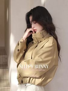 English Style Double Breasted Stand Collar Loose Casual Short Jacket