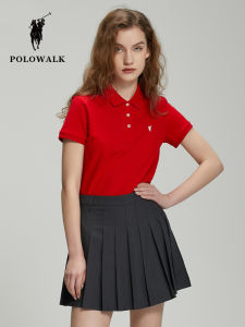 Red POLOWALK Polo Shirt Womens Short Sleeve Loose Fit Sporty Casual Half Sleeve T-Shirt Summer New Style Button up Cotton Polyester Blend