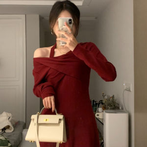 French Style Off-Shoulder Knitted Dress Womens Autumn Winter Christmas New Year Base Layer Inner Wear Elegance Skirt