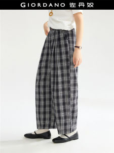 Giordano Designer Casual Pants Women Summer New Plaid Bubble Cloth Wide Leg Nine Points Thin High Waist Cotton Polyester