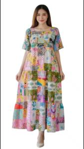 👗 เดรสยาวคอเหลี่ยม สไตล์โบฮีเมียน | Handmade Patchwork รอบตัว | ผ้าป่านอินเดีย 100% | แถมฟรี! ที่คาดผมเข้าชุด 1 ชิ้น