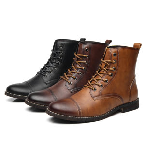 Giày Boots Nam Cổ Cao Da Nâu Cổ Điển Buộc Dây Kiểu Dáng Thường Ngày Lót Lông Cừu Đế Cao Su Mũi Tròn