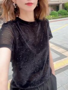 Ice Crytal Velvet Short Sleeve T-Shirt Bottoming Shirt for Women 2024 Summer New All-Matching Slimming Hot Rhinestone T-shirt Top Small Shirt Trendy T