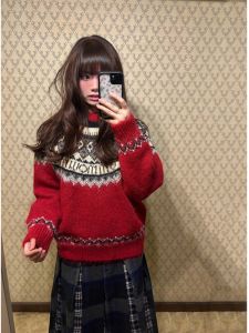 2024 Christmas Theme Knitted Sweater Womens round Neck Sweater Cozy Atmosphere Feeling Autumn Winter Fashionable Top