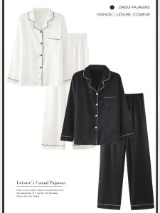 Couple Pajamas Spring & Fall Summer Artificial Silk Men and Women Long Sleeves Cardigan Ice Silk plus Size plus Size Homewear Suit