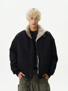 Cleanfit American High Street Style Short Jacket Cotton Coat Black Color Block Collar Zipper Closure Mens Casual Outerwear